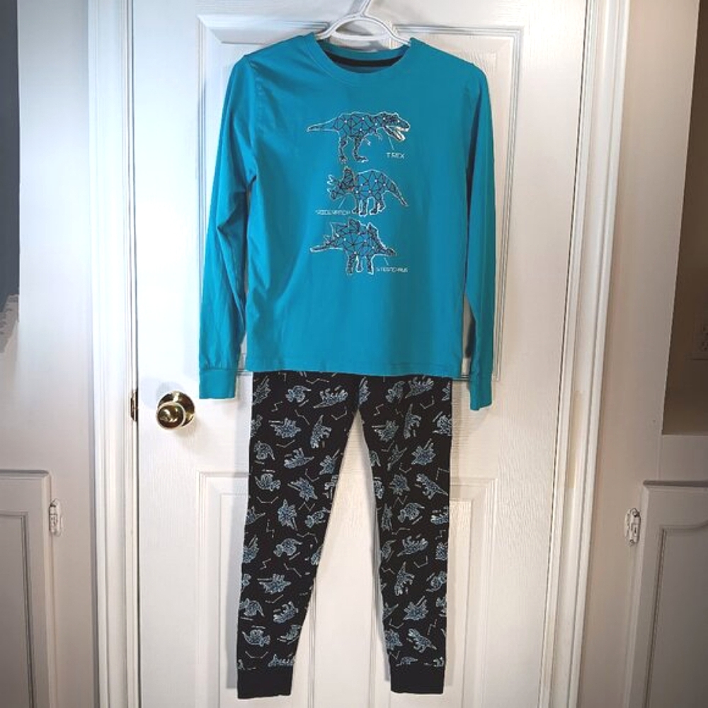 NWOT George Boys Dinosaur Pajamas Turquouse Black Kids Dino Pajama Set XL Cotton
